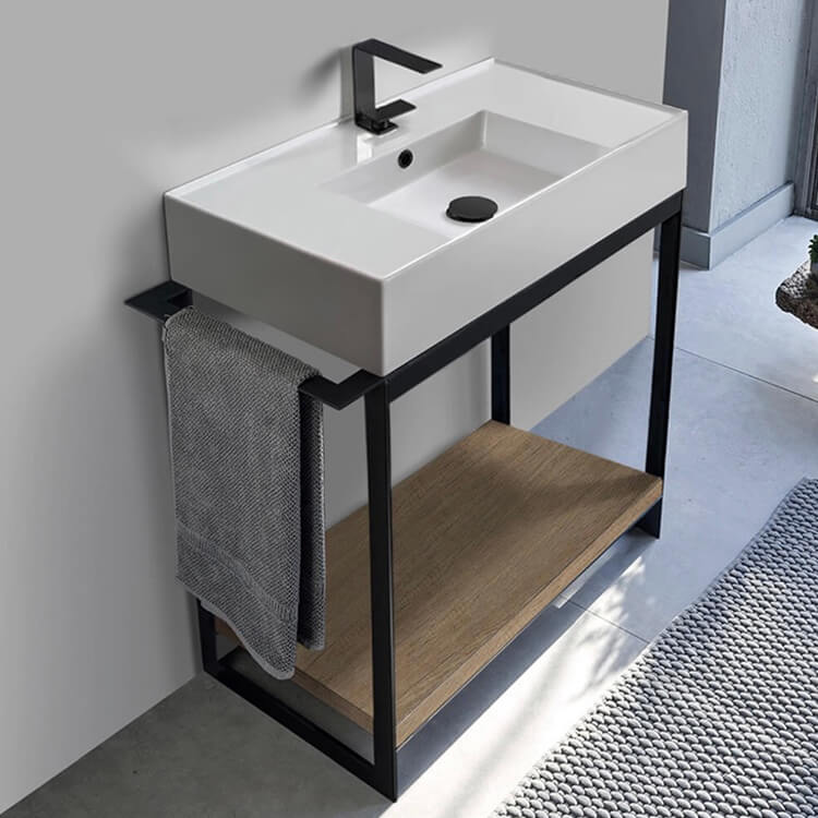 Console Bathroom Vanity, Scarabeo 5123-SOL2-89, Console Sink Vanity With Ceramic Sink and Natural Brown Oak Shelf